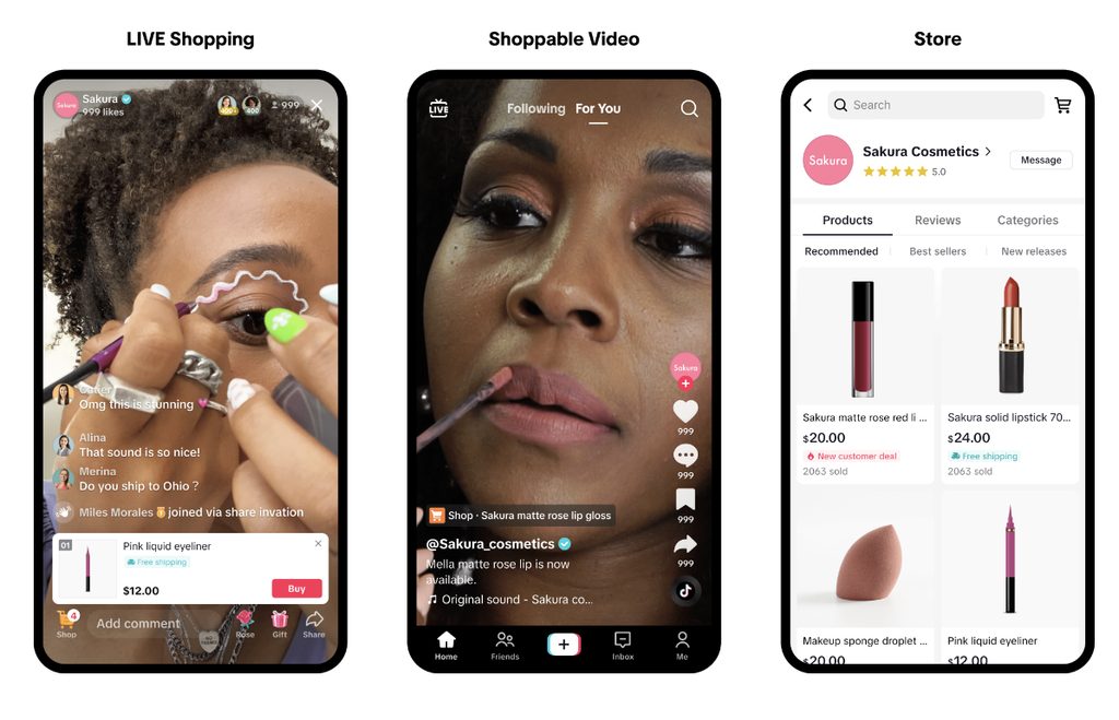 Élő videós vásárlási felület telefonon, a TikTok Shop discovery commerce modelljét szemléltetve